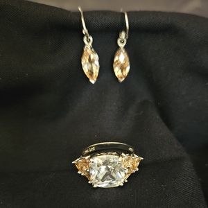 Sterling Silver MO925 Ring Earring Set Oversized Stone Ring Peach CZ US size 8